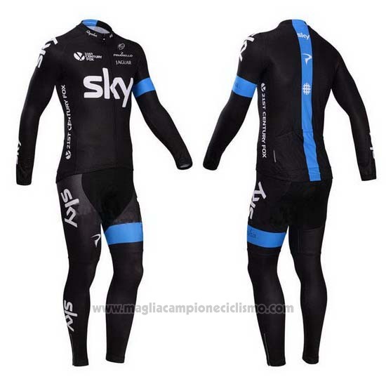 2014 Abbigliamento Ciclismo Sky Nero e Celeste Manica Lunga e Salopette